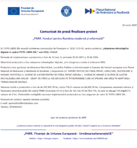 Comunicat de presa finalizare proiect PNRR - FOTO LIBRIS SRL