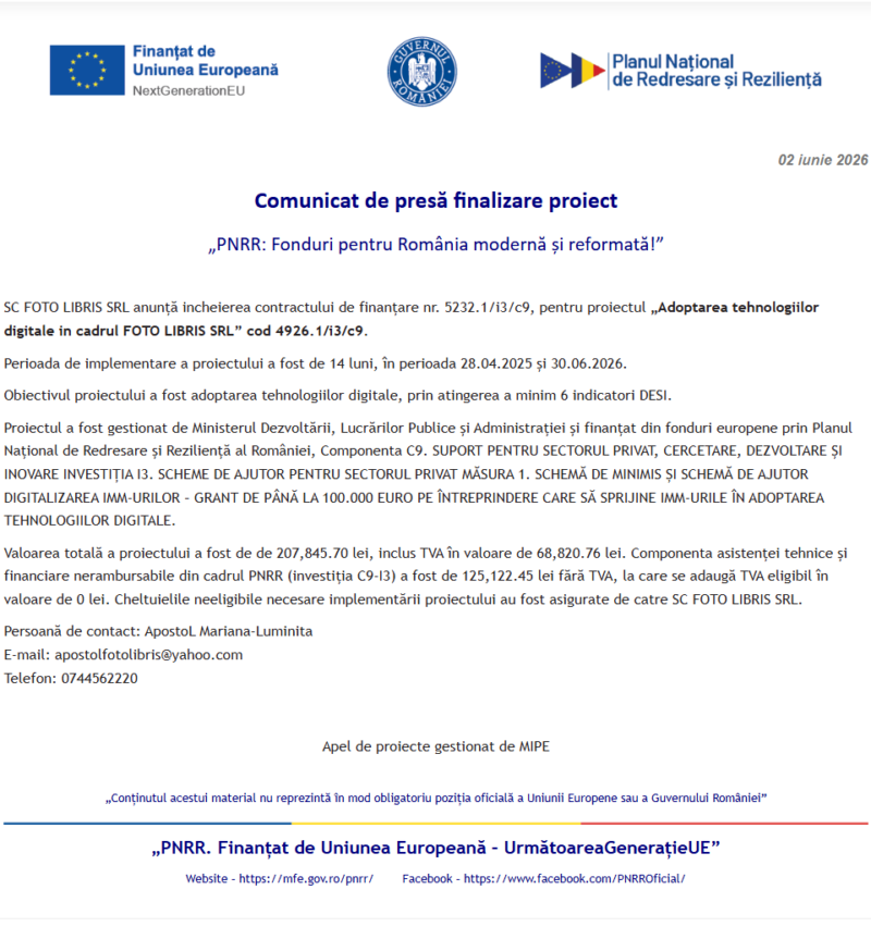 Comunicat de presă privind finalizarea derulării proiectului „Adoptarea tehnologiilor digitale in cadrul FOTO LIBRIS SRL”