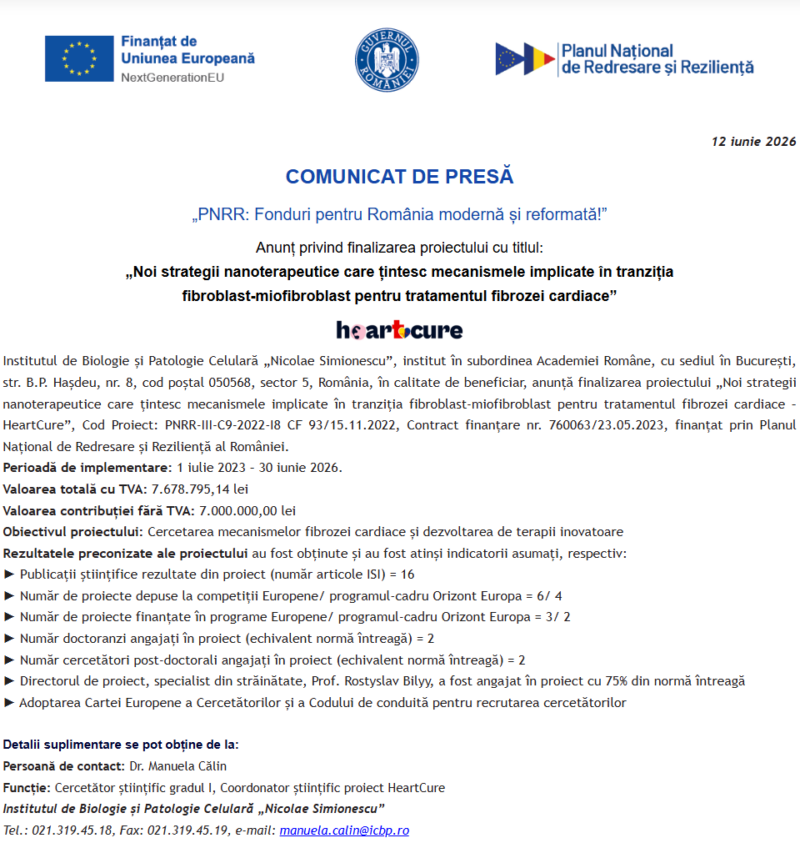 Comunicat de presă privind finalizarea derulării proiectului “Noi strategii nanoterapeutice care țintesc mecanismele implicate în tranziția fibroblast-miofibroblast pentru tratamentul fibrozei cardiace”