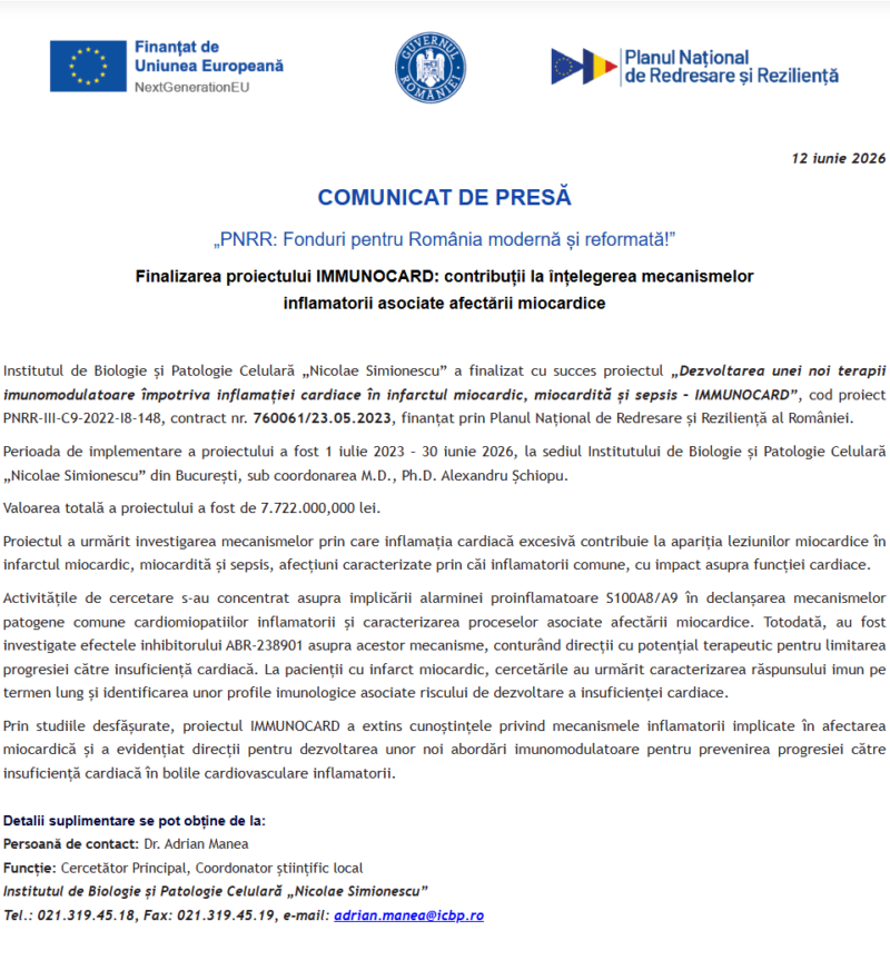 Comunicat de presă privind finalizarea derulării proiectului “Dezvoltarea unei noi terapii imunomodulatoare împotriva inflamației cardiace în infarctul miocardic, miocardită și sepsis – IMMUNOCARD”