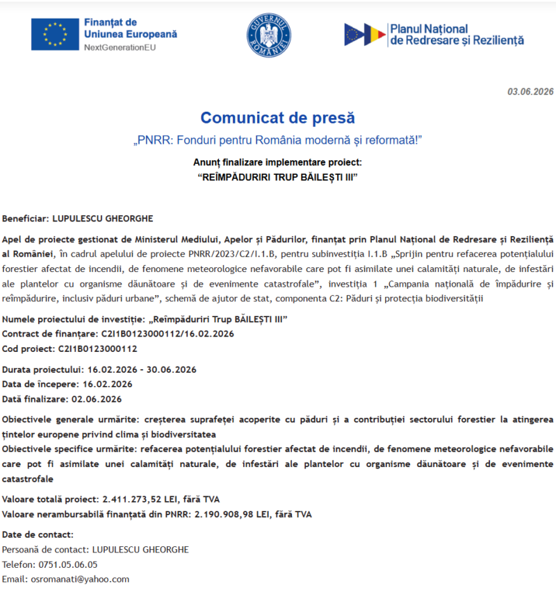 Comunicat de presă privind finalizarea derulării proiectului “REÎMPĂDURIRI TRUP BĂILEȘTI III”