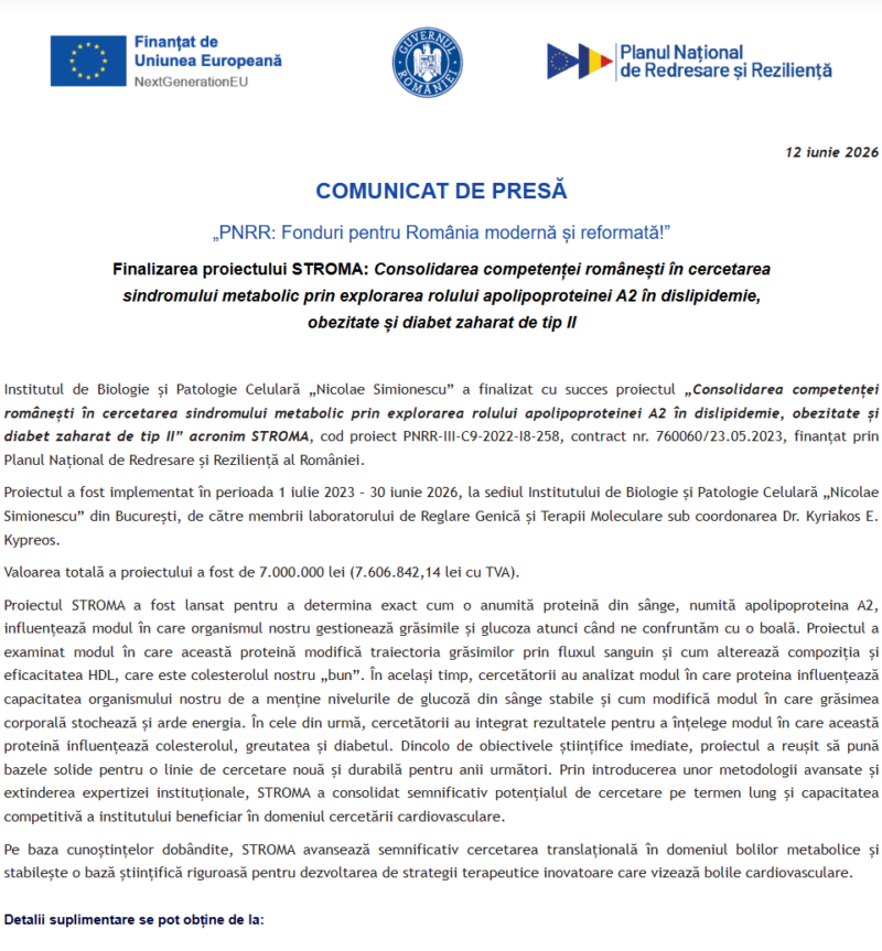 Comunicat de presă privind finalizarea derulării proiectului “Consolidarea competenței românești în cercetarea sindromului metabolic prin explorarea rolului apolipoproteinei A2 în dislipidemie, obezitate și diabet zaharat de tip II” acronim STROMA”