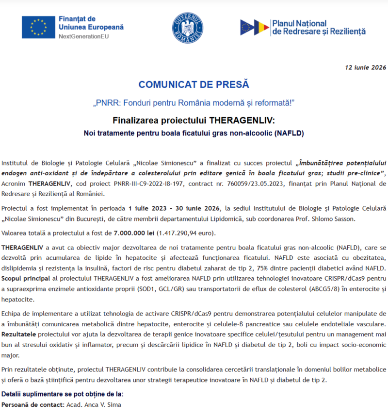 Comunicat de presă privind finalizarea derulării proiectului “Îmbunătățirea potențialului endogen anti-oxidant și de îndepărtare a colesterolului prin editare genică în boala ficatului gras; studii pre-clinice”