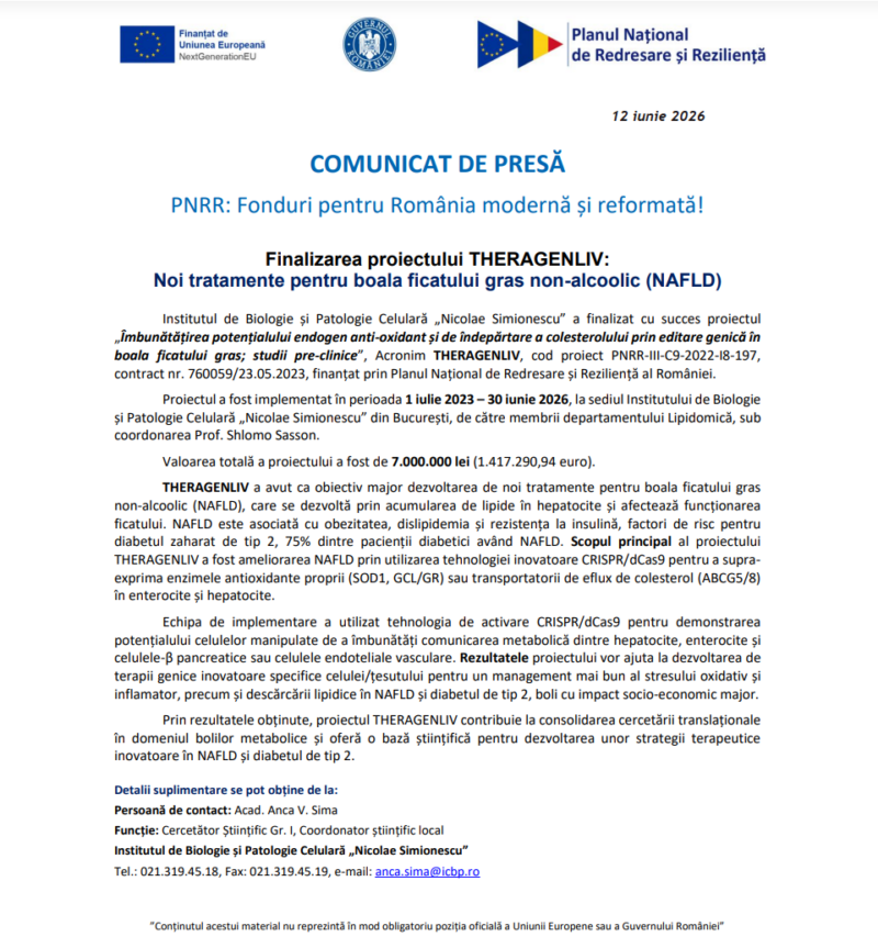 Comunicat de presă privind finalizarea derulării proiectului “Îmbunătățirea potențialului endogen anti-oxidant și de îndepărtare a colesterolului prin editare genică în boala ficatului gras; studii pre-clinice”