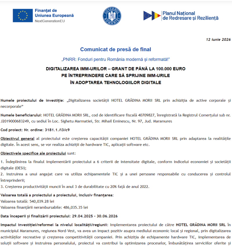 Comunicat de presă privind finalizarea derulării proiectului “Digitalizarea activității societății HOTEL GRĂDINA MORII SRL prin achiziția de active corporale și necorporale”