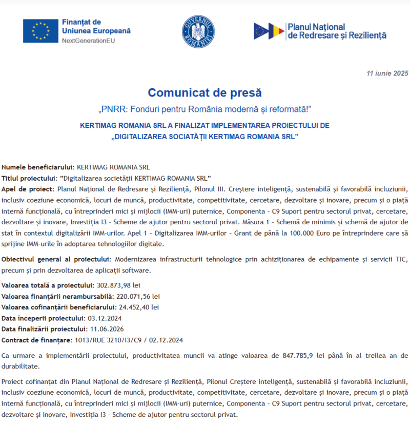 Comunicat de presă privind finalizarea derulării proiectului “DIGITALIZAREA SOCIATĂȚII KERTIMAG ROMANIA SRL”