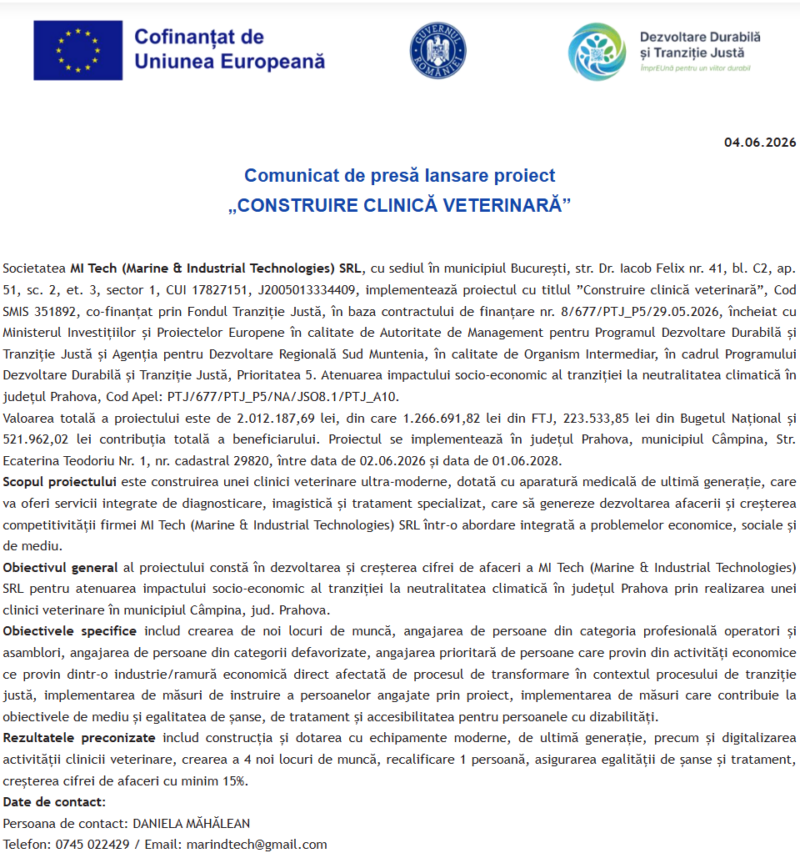 Comunicat de presă privind începerea derulării proiectului “Construire clinică veterinară”