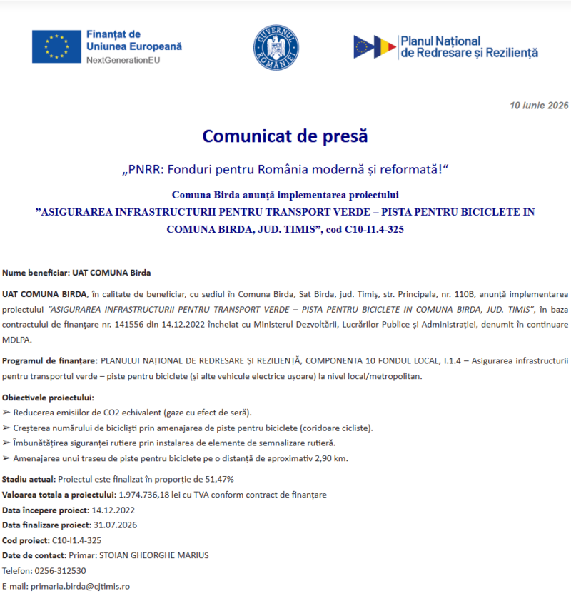Comunicat de presă privind începerea derulării proiectului ”ASIGURAREA INFRASTRUCTURII PENTRU TRANSPORT VERDE – PISTA PENTRU BICICLETE IN COMUNA BIRDA, JUD. TIMIS”, cod C10-I1.4-325
