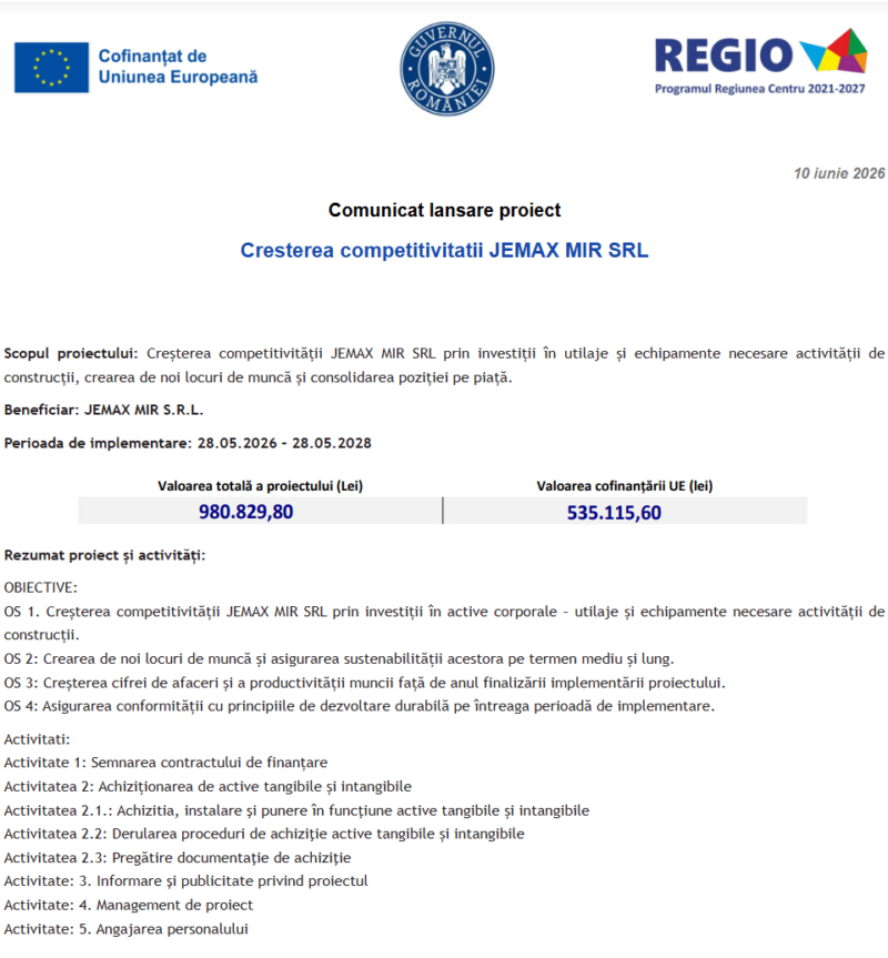 Comunicat de presă privind începerea derulării proiectului “Cresterea competitivitatii JEMAX MIR SRL”